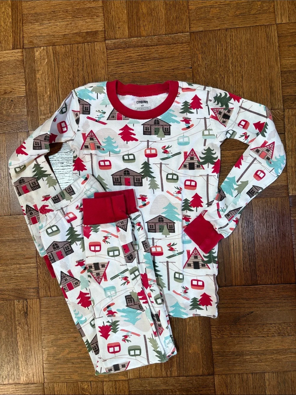 Gymboree PJs - 5t - Kids Cozy Mountain Cabin Pajama Set - Red Trim